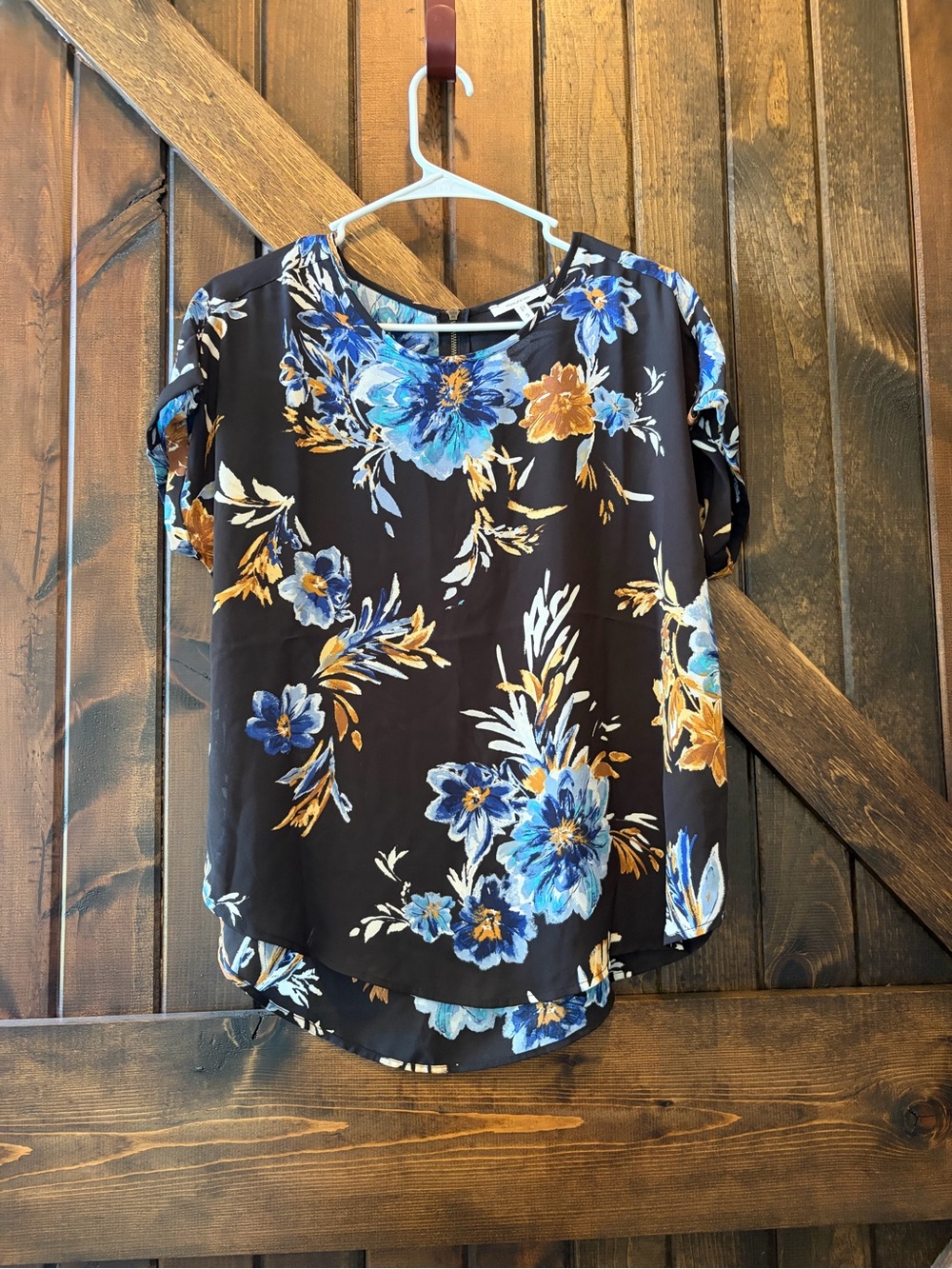 Maurice’s Black Floral Short Sleeve Blouse with Blue & Gold Blooms